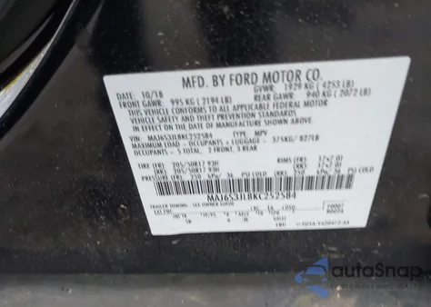 2019 Ford Ecosport Ses z USA, uszkodzony, nr VIN MAJ6S3JL8KC252584